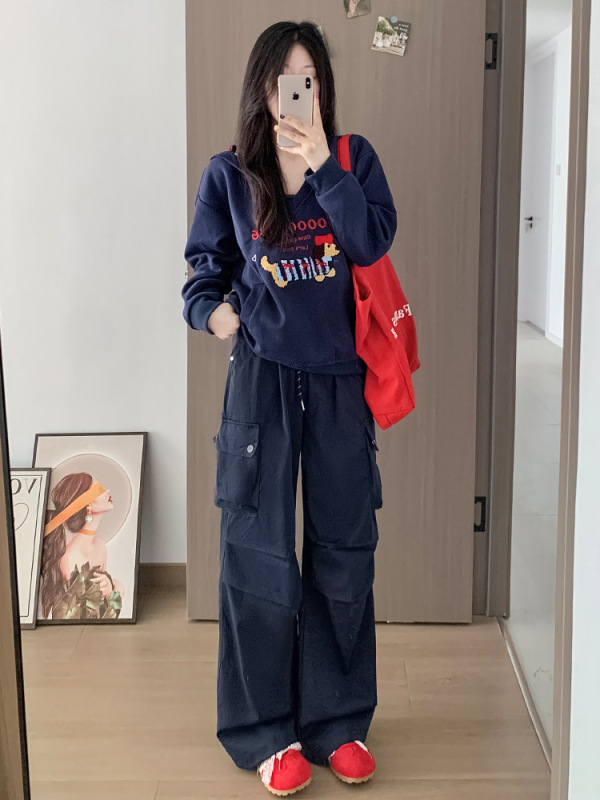 美式降落伞工装裤女秋季复古宽松高腰垂感显瘦钉扣两穿阔腿运动裤|undefined