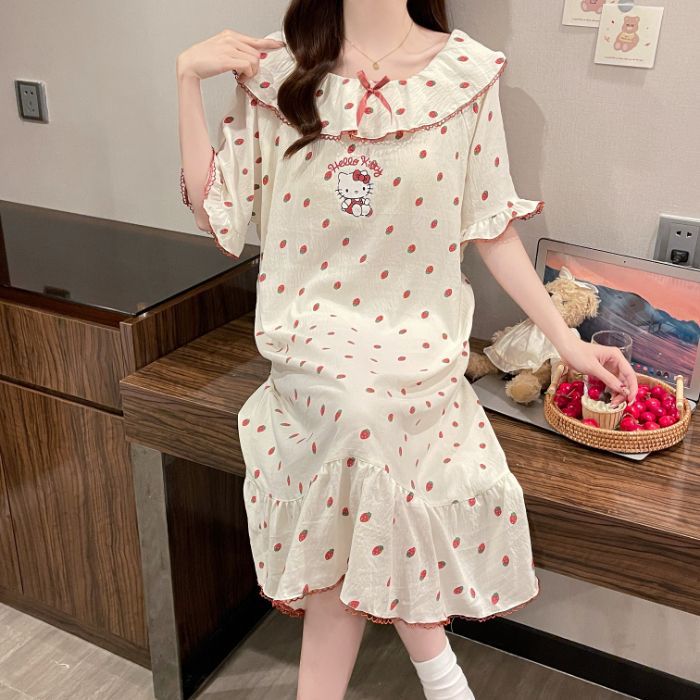 Camisón de algodón de nube con almohadilla para el pecho pijama de cuello de muñeca de manga corta de verano para mujer