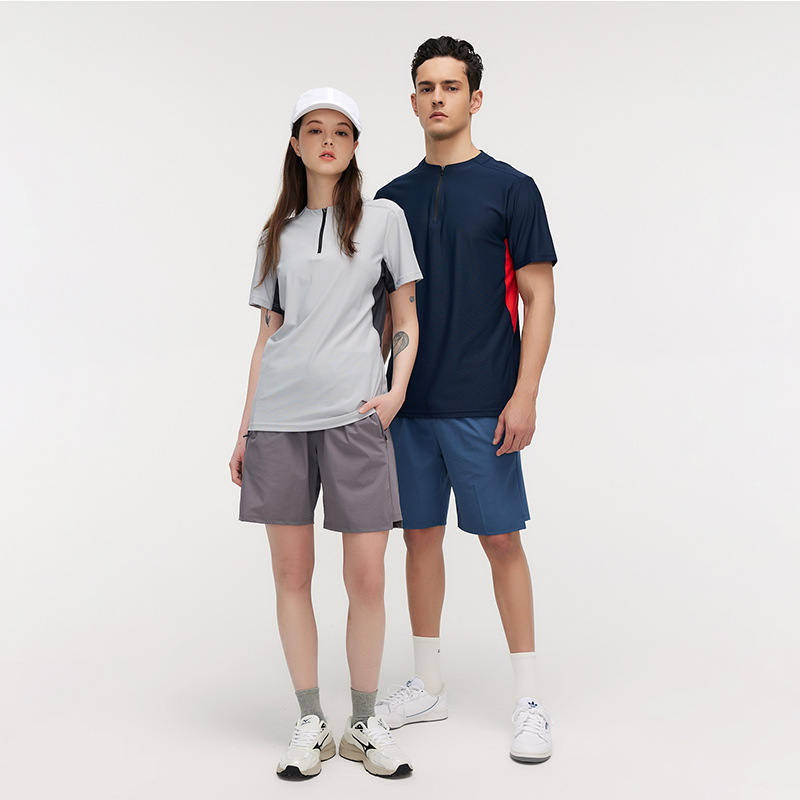 Los deportes de verano de los hombres de secado rápido cuello de pie media cremallera de manga corta de entrenamiento de tenis blanco pequeño cuello camiseta POL en stock generación pelo