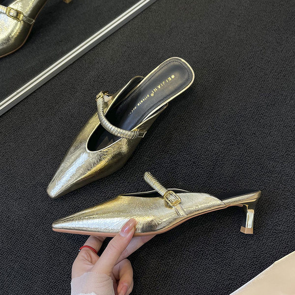 Sandal nữ bít mũi mũi nhọn gót nhỏ kiểu mule quai hậu thanh lịch — Màu bạc, Màu trắng be, Màu vàng