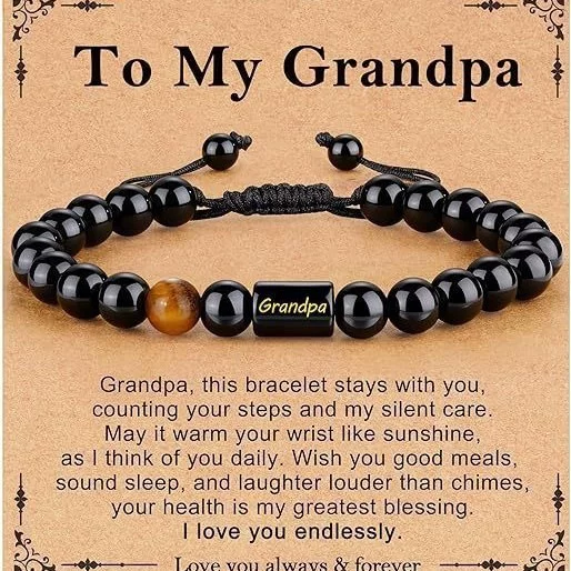 Cross-Border New Product Obsidian Bracelet for Men, Tiger Eye Stone Beads, Adjustable Woven Bracelet with Paw Print Letters, Father's Day Gift