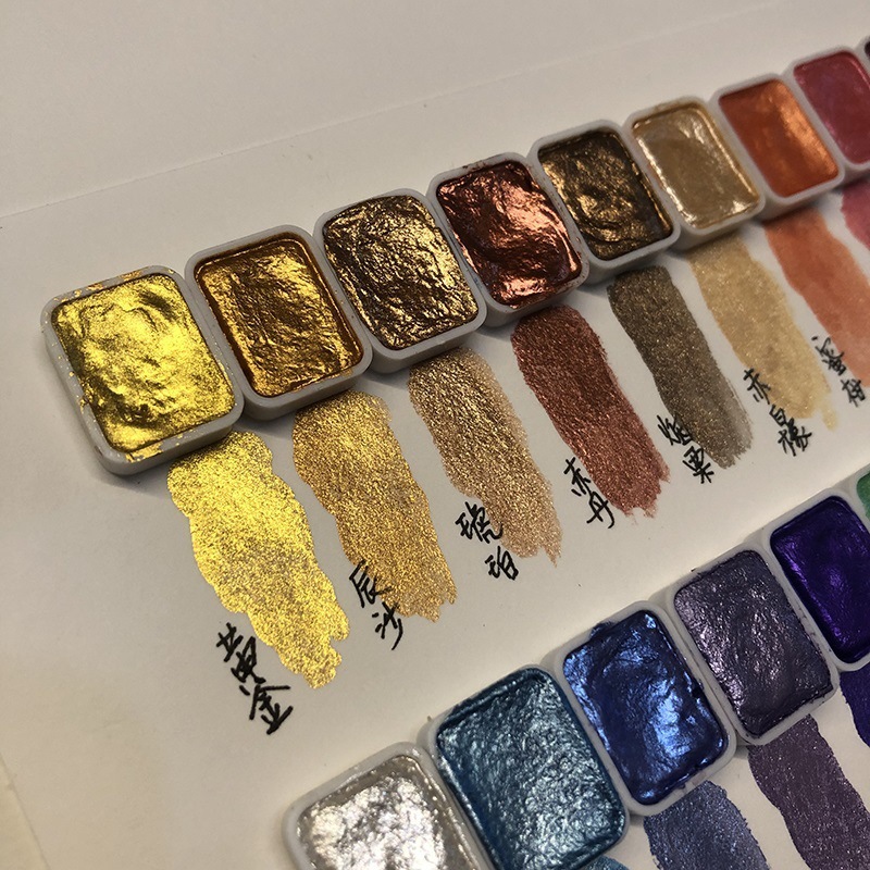 Pinturas chinas envueltas en polvo ES arte de uñas oro, oro, plata y manchas minerales caligrafía nacarada Thangka acuarela pigmento subpaquete flor de goteo