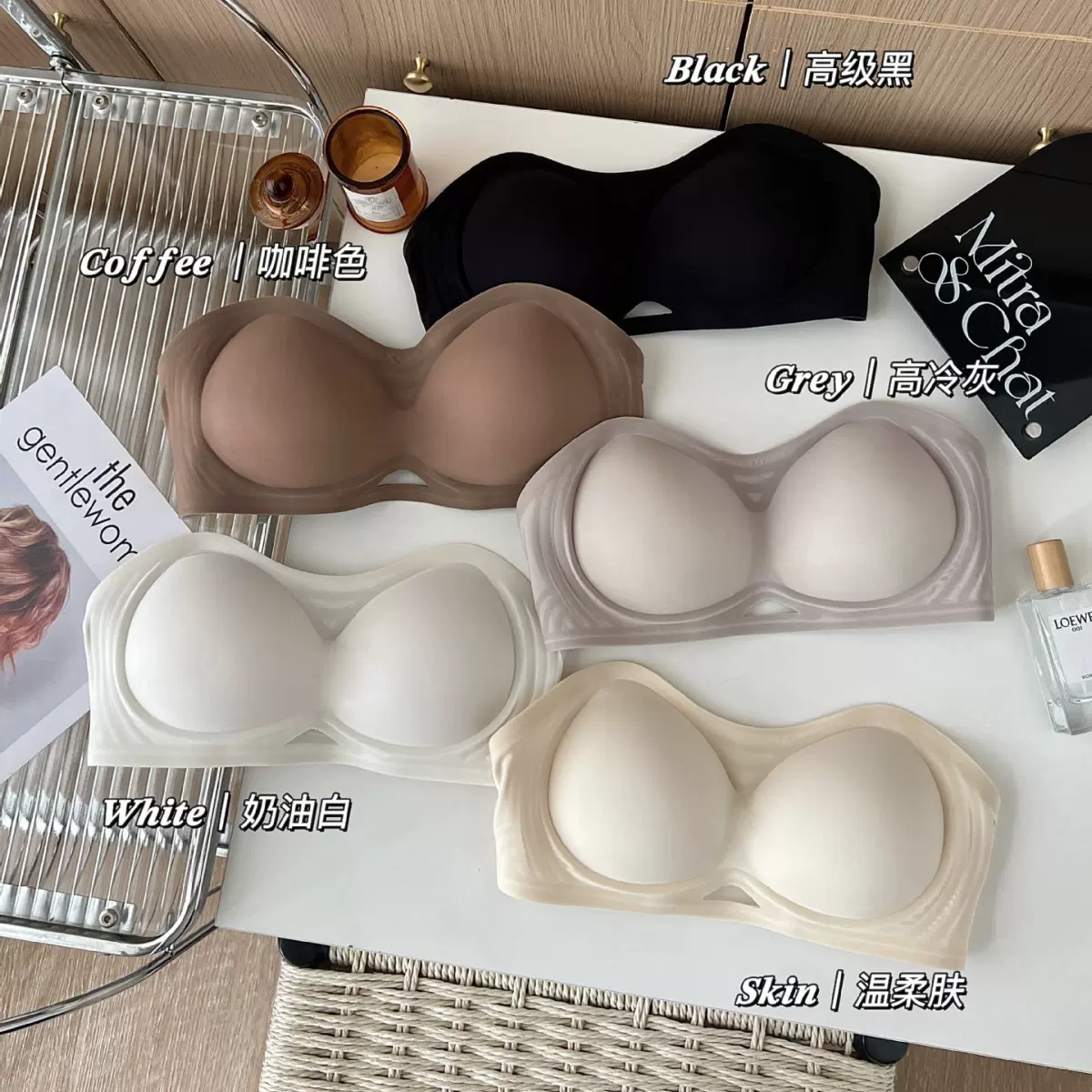 无肩带防滑内衣女小胸显大超厚外扩漫画胸可拆卸蜜桃杯文胸罩bra