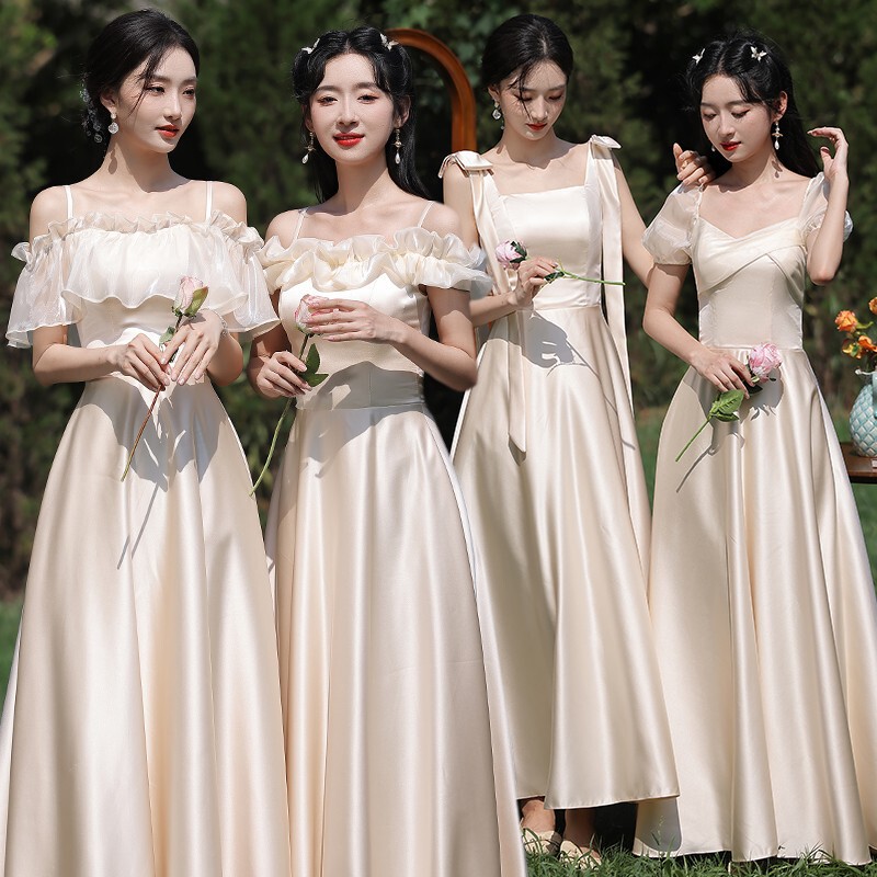 New 2026 Bridesmaid Dress Wedding Satin Slim Gown Graduation Ceremony Elegant Long Dress Champagne Color A-Line Style New 2026 Bridesmaid Dress Wedding Satin Slim Gown Graduation Ceremony Elegant Long Dress Champagne Color A-Line Style