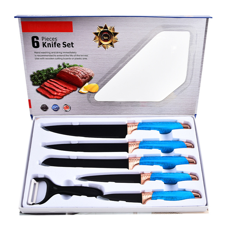 Venta caliente transfronteriza acero inoxidable doble cabezal de galvanoplastia caja de tapa cuchillo juego de 6 piezas de utensilios de cocina cuchillo de chef juego de cuchillo de fruta