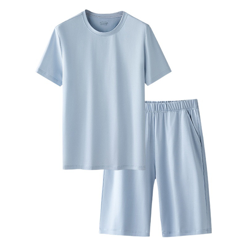 Nuevos pantalones cortos de manga corta frescos de primavera y verano para hombres, color sólido, cuello redondo fino, hermosa piel, algodón mercerizado, se puede usar fuera del traje