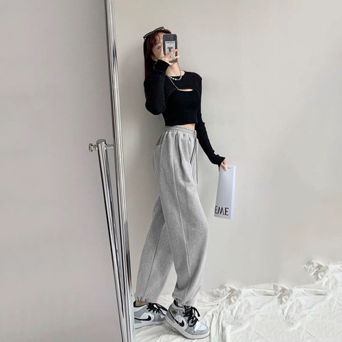 Women's Autumn/Winter New Arrival Light Gray Sport Pants High-Waisted Fleece Ankle Pants Versatile Casual Ins Trend Wide Leg Pants
