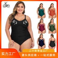 2021欧美胸前刺绣连体泳衣大码褶皱遮肚显瘦露背泳装镂空健身游泳