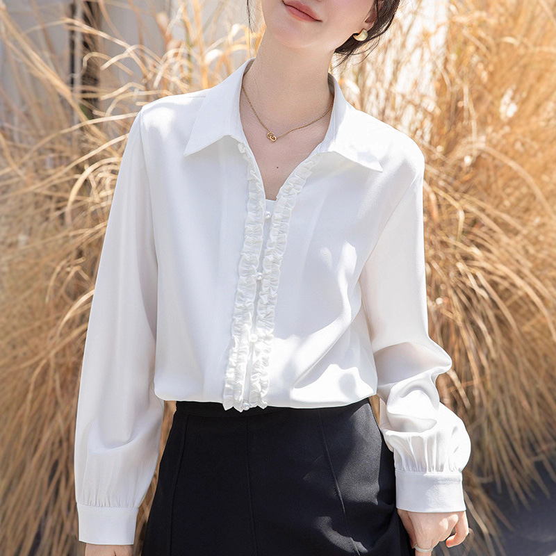 White Lace Small V Neck Shirt for Women 2025 Spring and Autum New French Style Design Long-Sleeved Shirt Top