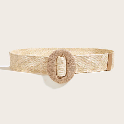 BSCI厂家新款复古春夏手工编制包扣弹力橡筋PP草百搭连衣裙腰封