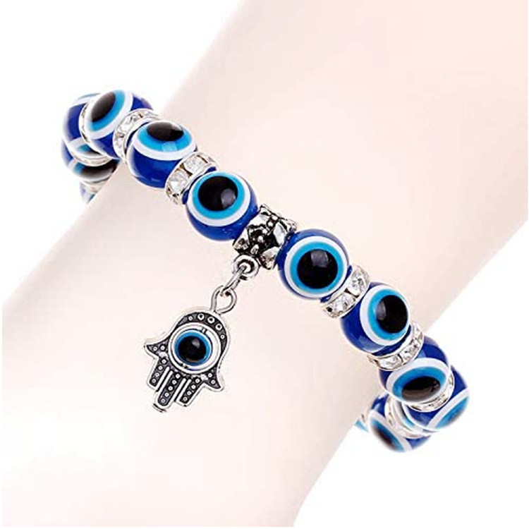 European And American Cross-border Devil's Eye Fatima Palm Crystal Bracelet Blue Eye Elastic Rope Beaded Bracelet