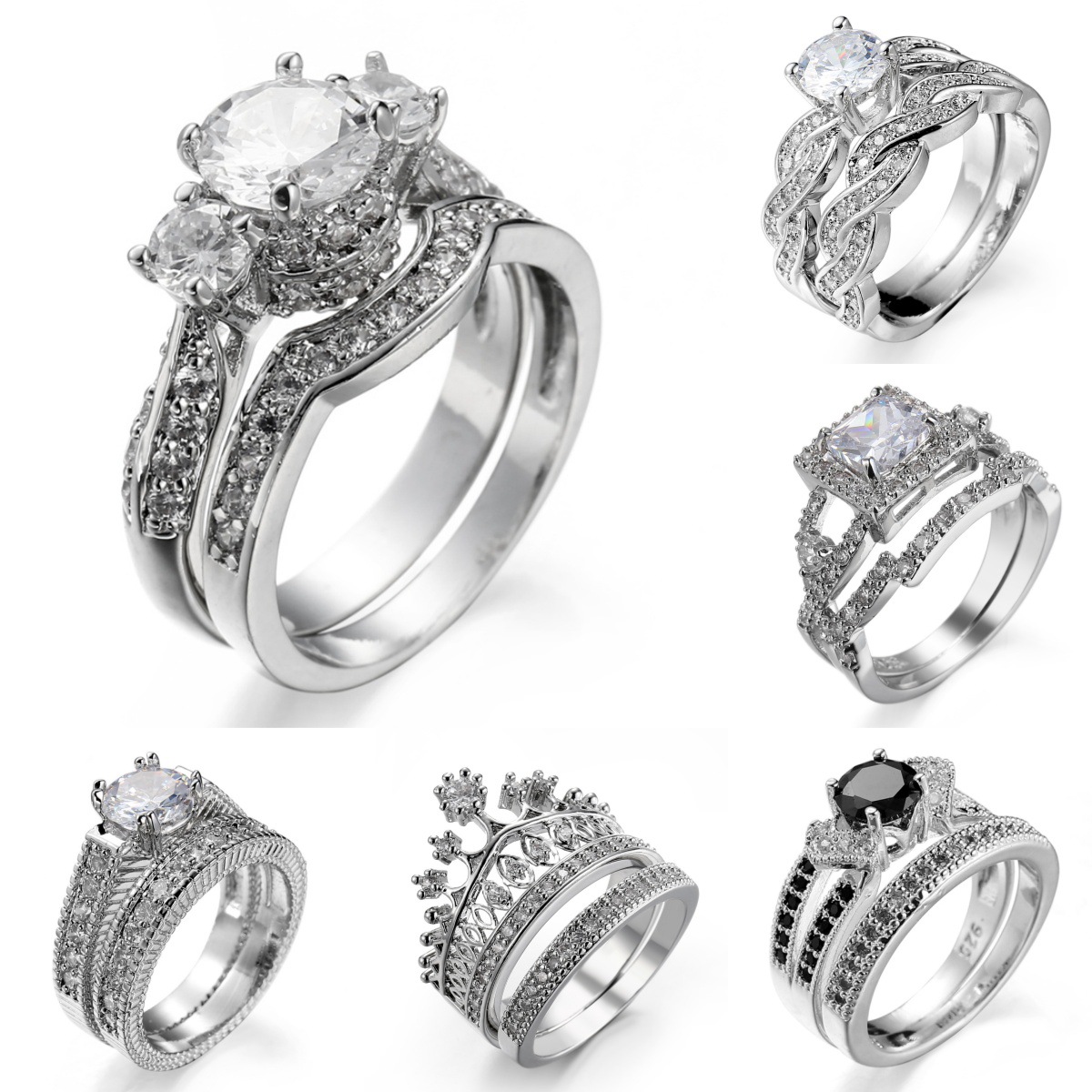 Cross-Border Popular Accessories, Creative White Zircon Jewelry, European and American Two-Piece Set, Engagement Crown Bracelet, Men's and Women's Couple Rings