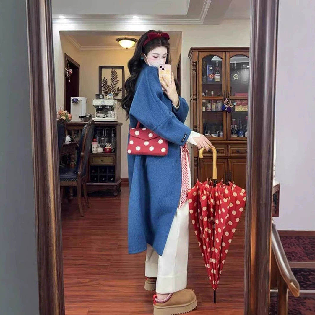 Однобортный свободный як плюшевая шерстяная куртка женский осень и зима 2024 новый ретро принцесса синее двухстороннее шерстяное пальто