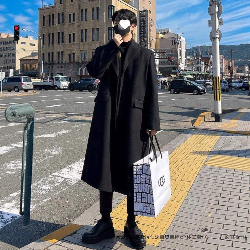 New autumn/winter men's woolen overcoat, mid-length, over-the-knee, Korean style, loose fit, single-breasted, quilted woolen trench coat