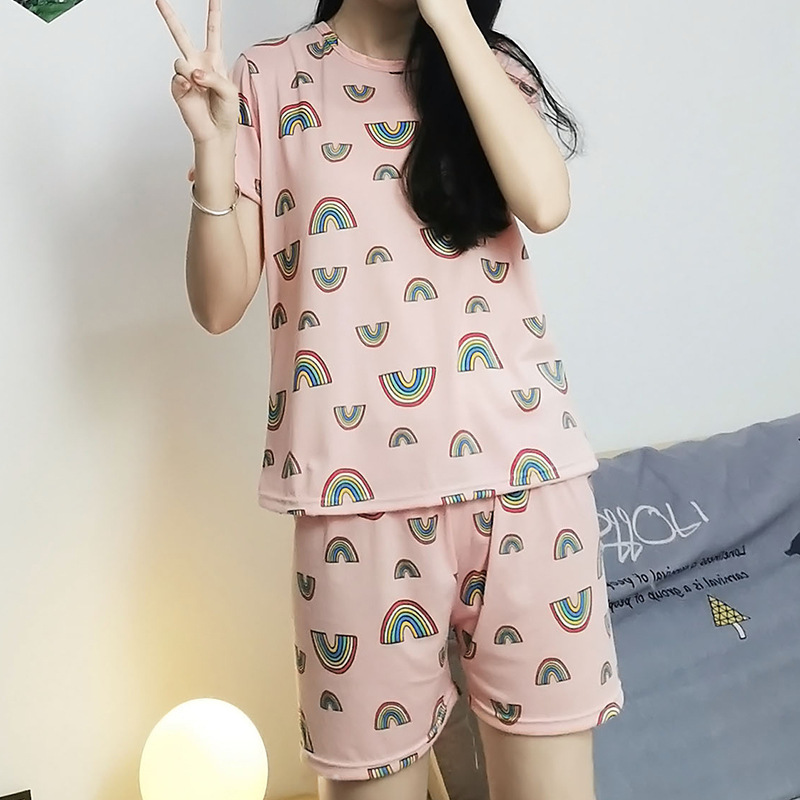 Foreign Trade Wholesale Pajamas for Women Summer Cute Mini Rainbow Suit Pullover Short-Sleeved Shorts Thin Women's Home Clothes