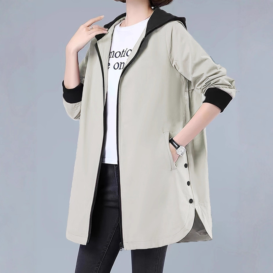 25 New Contrasting Color Hooded Windbreaker Women's Spring & Fall Outwears European and American Large Size Loose Pure Color Clothing Cross-Border Women's Clothing