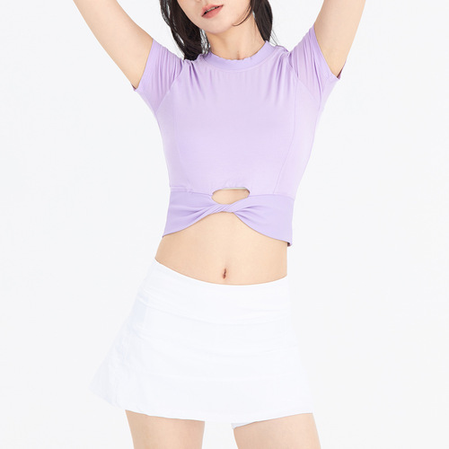 Lulu Casual Ribbed Crew Neck Yoga Top for Women Crop*ed Revealing Breathable Modal Crossbody High-Waisted Short Sleeve T-shirt