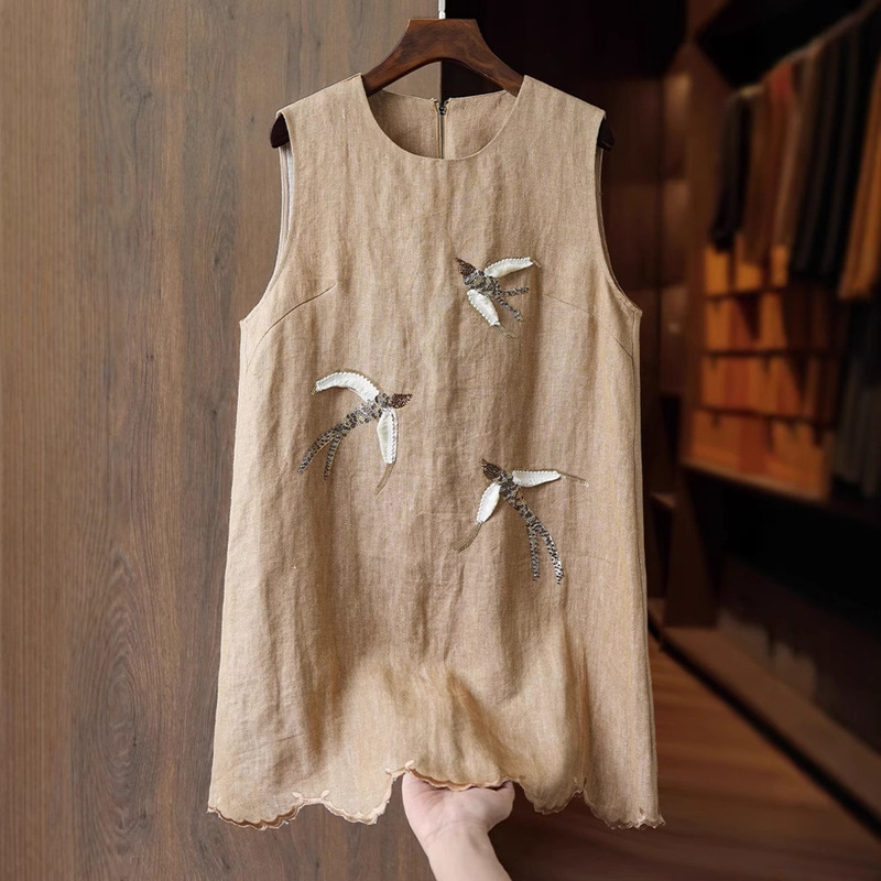Elegant and Sophisticated Linen Dress for Women, New Round Neck Petite Stylish Sequin Age-Reducing Mid-Length Tank Dress