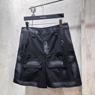 2025 Summer New Paris B Home Heavy Industry Hand-painted Dirty Plaid Denim Shorts Five-point Pants for Men and Women One-piece Hair
