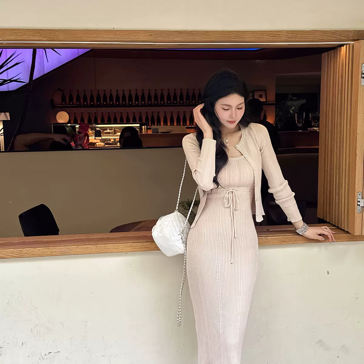 现货娇宠法式针织开衫吊带气质套装女春秋收腰显瘦连衣裙包臀裙子