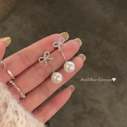 Light luxury niche high-end long tassel earrings for women, versatile temperament, micro-studded diamond bow earrings, stud earrings