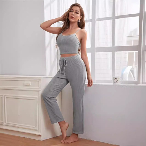 Hot-selling European and American-style women's loungewear: waffle-knit camisole top, long pants, and robe—3-piece pajama set.