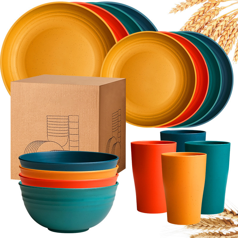 Cross-Border Amazon Wheat Straw Plates, Bowls and Cups 16-Piece Set of Dishes, Plates and Cups for 4 People Outdoor Tableware Set Wholesale Cross-Border Amazon Wheat Straw Plates, Bowls and Cups 16-Piece Set of Dishes, Plates and Cups for 4 People Outdoor Tableware Set Wholesale