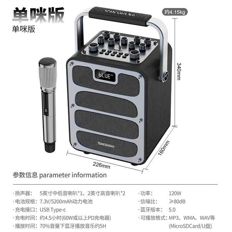 Temeisheng 屋外ライブブロードキャストカラオケ Bluetooth オーディオ楽器弾き語りスクエアダンス大音量ポータブルスピーカーマイク付き|undefined
