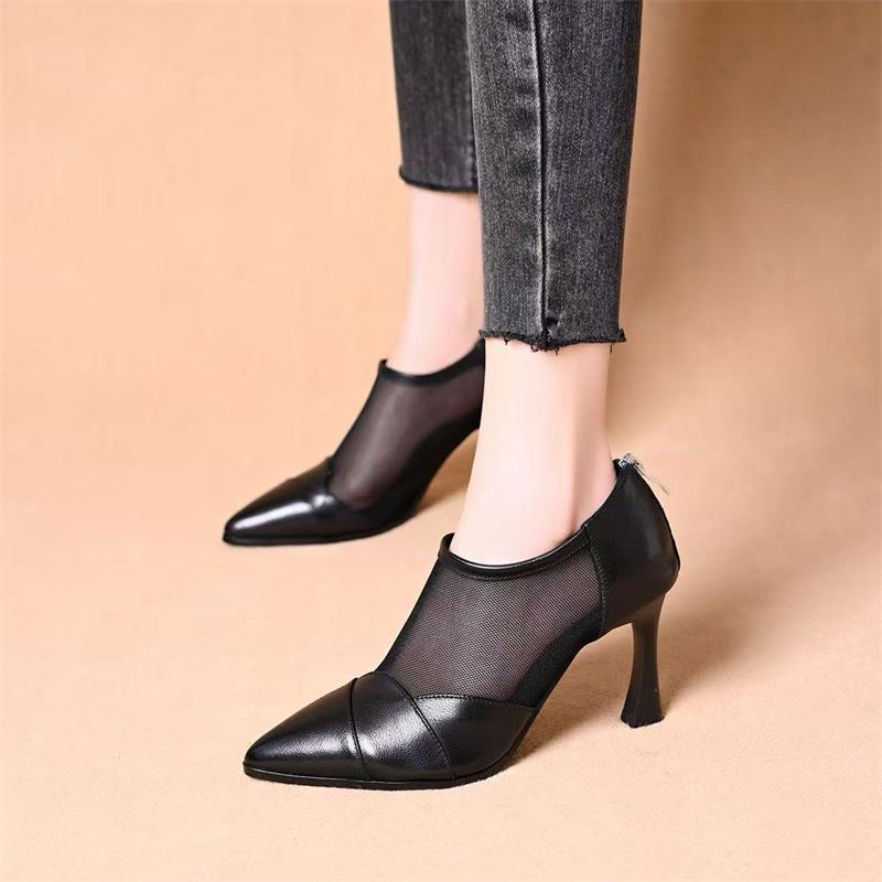 Botas de malla de cuero suave de talón fino 2026 verano nuevo zapato de punta trasero ventilado con cremallera extranjera zapatos de tacones altos