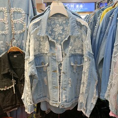 女性用メッシュ刺繍の妖精デニムジャケット、2025夏ショートレーススプライシングデニムトップス、ファッショナブルで多用途