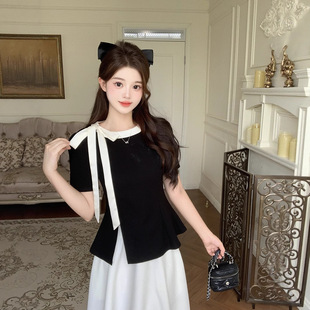 2025 New Summer Clothes for Fat mm Plus Size Women's Design Contrasting Color Lace-Up Bow Slit Short-Sleeved T-Shirt