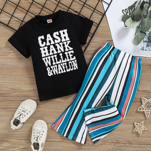 Summer Set for Girls  New Striped Pants Set for Young Children, European and American Style, Short-Sleeve T-Shirts and Casual Pants Set