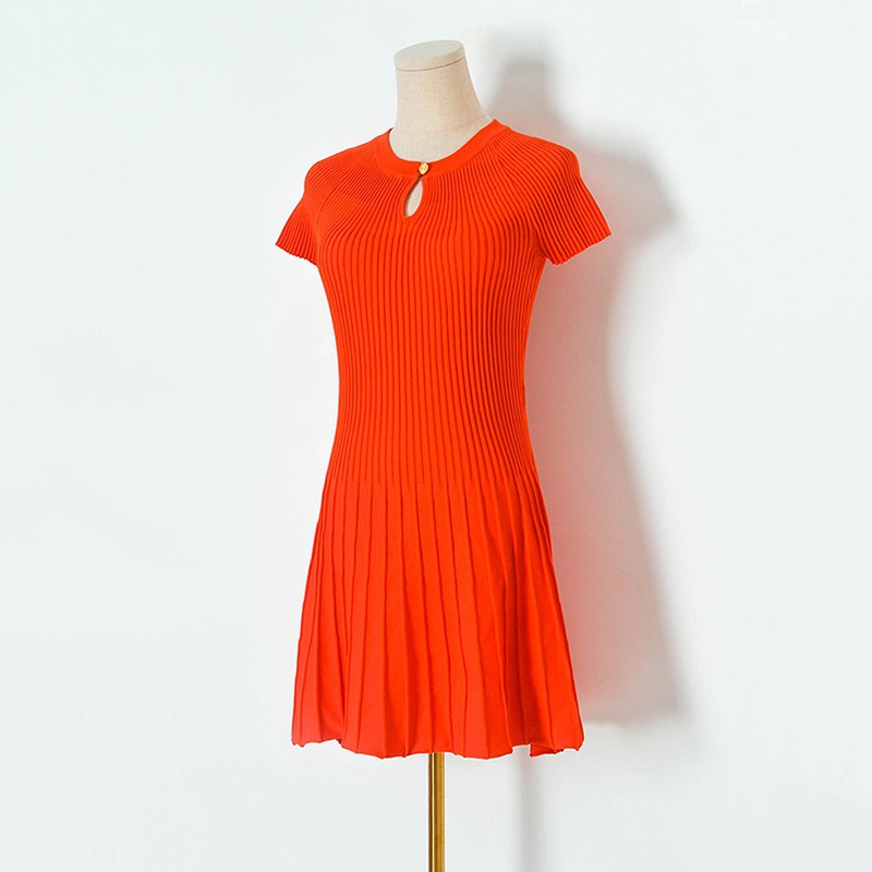 Damenbekleidung Sommer neues geripptes elastisches hohles Rundhals-Kurzarm-Strickrock-A-Linien-Kleid für Damen_voghion.com