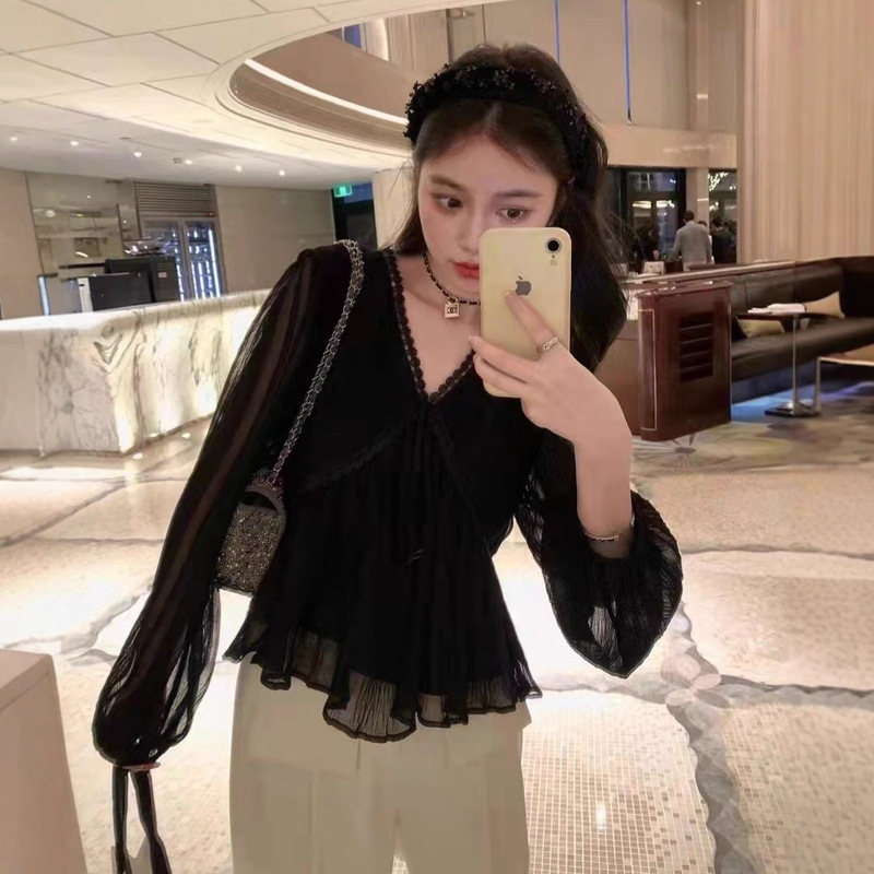 仙气v领蕾丝雪纺衫女2025春秋季新款韩系长袖上衣显瘦气质小衫潮|undefined