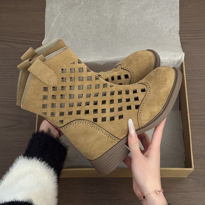 Retro Style Hollow-Out Short Boots for Women, 2026 Summer New Breathable Chunky Heel Slimming Boots with Hidden Height Increase Retro Style Hollow-Out Short Boots for Women, 2026 Summer New Breathable Chunky Heel Slimming Boots with Hidden Height Increase