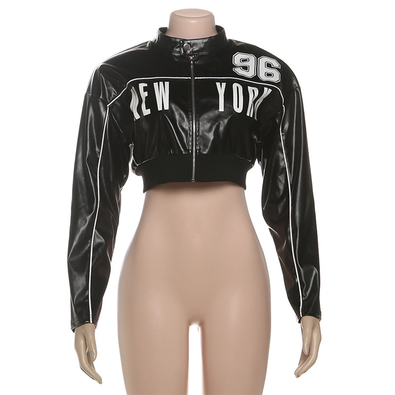 Women's Slim Fit Short Zip up Leather Jacket Autumn Fashion Print Patchwork Outerwear_ecoleips.com