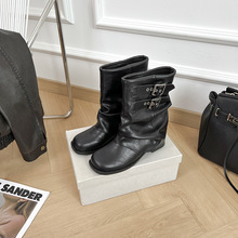 牛皮版/软皮短靴女粗跟厚底裤管靴2025短筒黑色马丁靴低帮单靴英