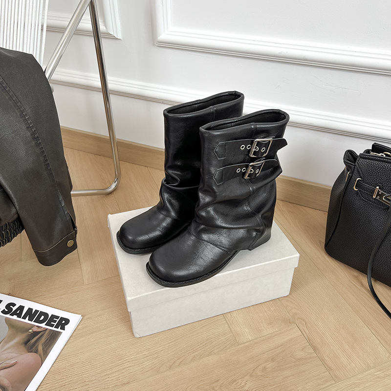 牛皮版/软皮短靴女粗跟厚底裤管靴2025短筒黑色马丁靴低帮单靴英