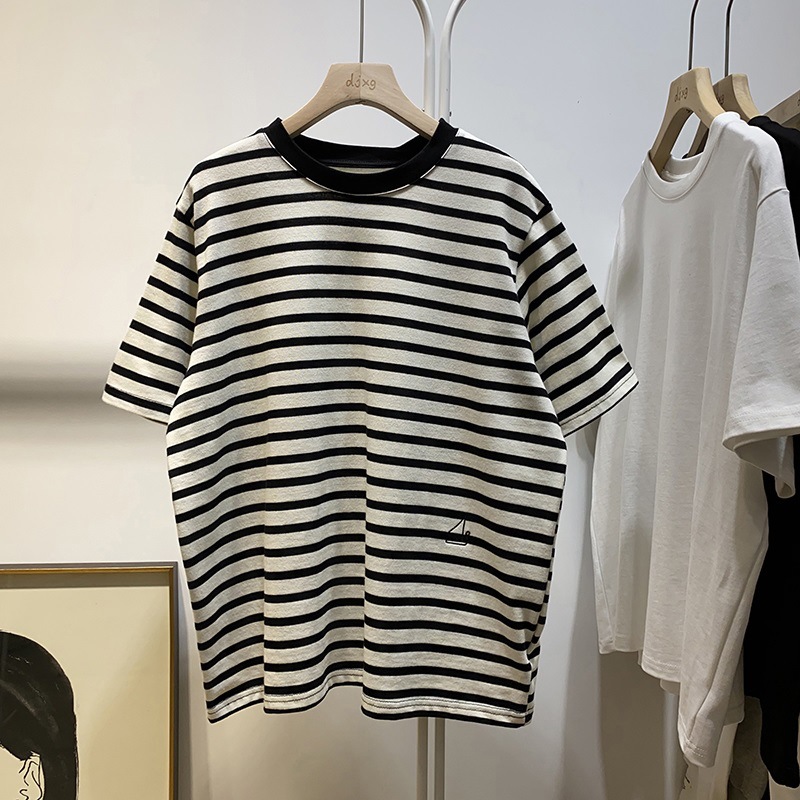 短袖t恤女2022夏季新款韩版ins潮设计感小众帆船刺绣条纹宽松上衣