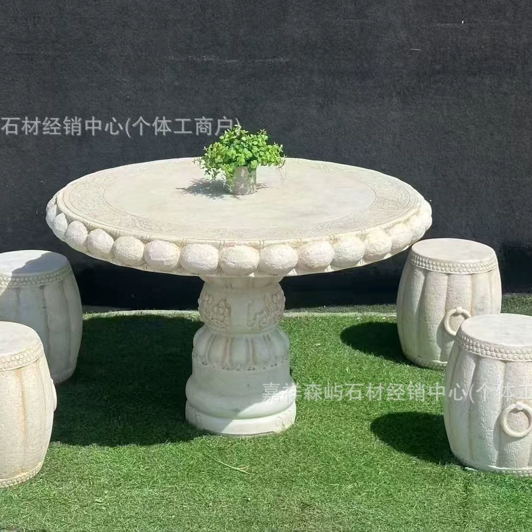 Стол и скамейка из белого мрамора, парковый павильон, ландшафтный каменный стол и стулья, двор, общественный открытый антикварный каменный резной каменный стол и скамейка