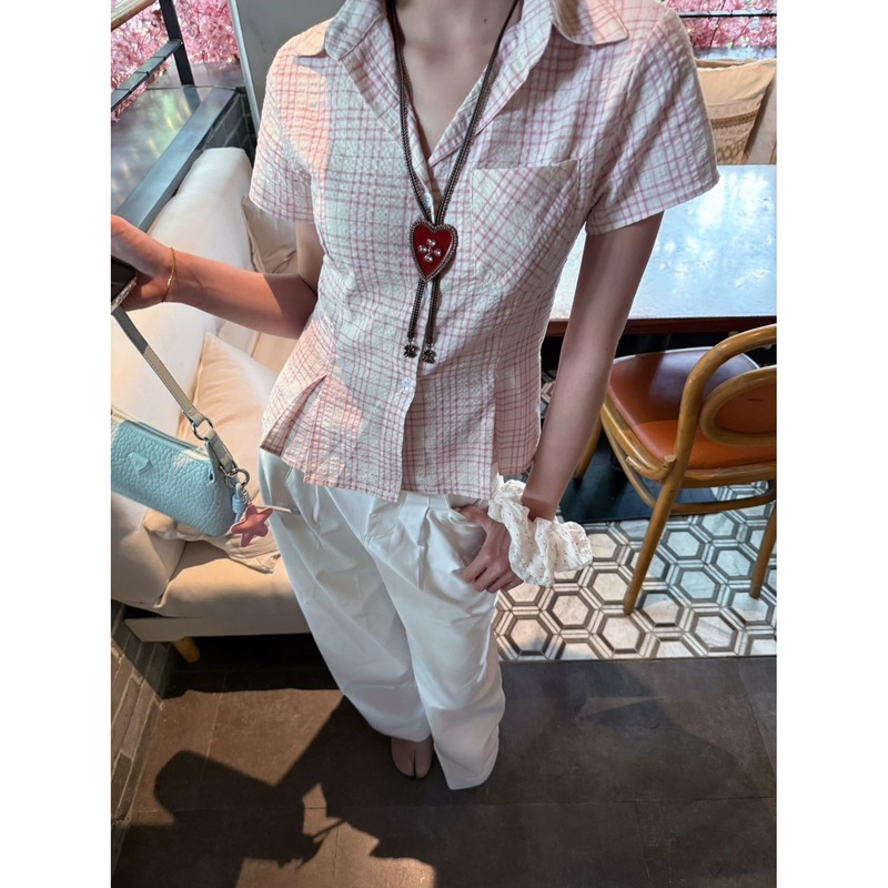 粉色格纹口袋polo领短袖衬衫女夏季学院风甜辣妹修身显瘦正肩上衣|undefined