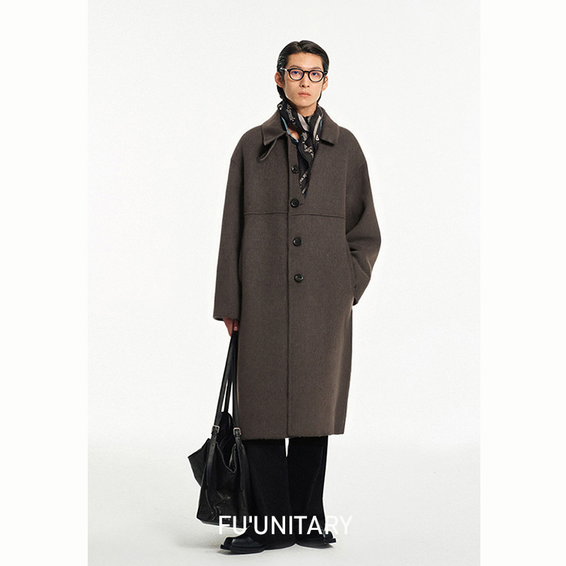 男士羊毛大衣冬季外套2025新款休闲翻领加厚羊驼毛长款毛呢外套