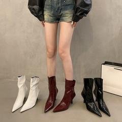 尖头漆皮红色短靴女2025年春秋新款显瘦细跟短筒靴高跟瘦瘦靴裸靴