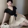 Sexy contrasting color waistband short sleeved large hem fluffy short dress