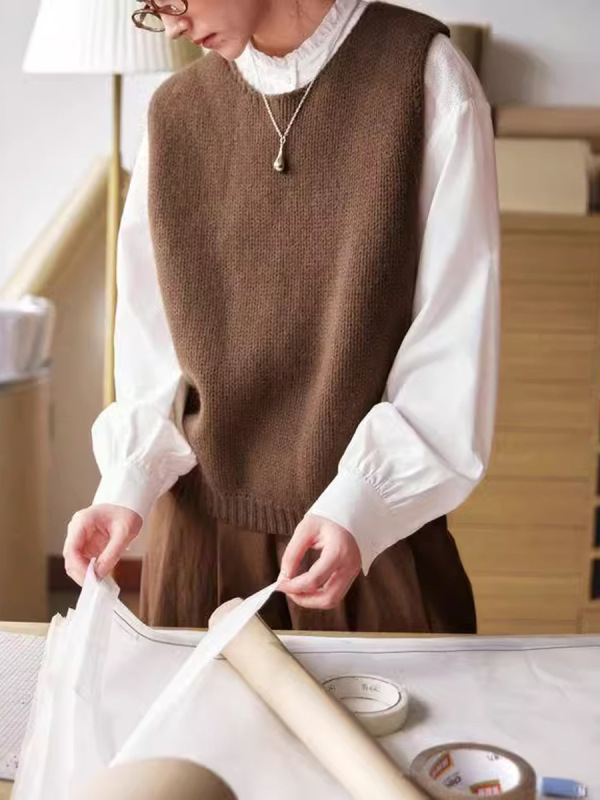 “西西里岛”法式复古羊毛针织背心文艺叠搭圆领毛衫马甲|undefined