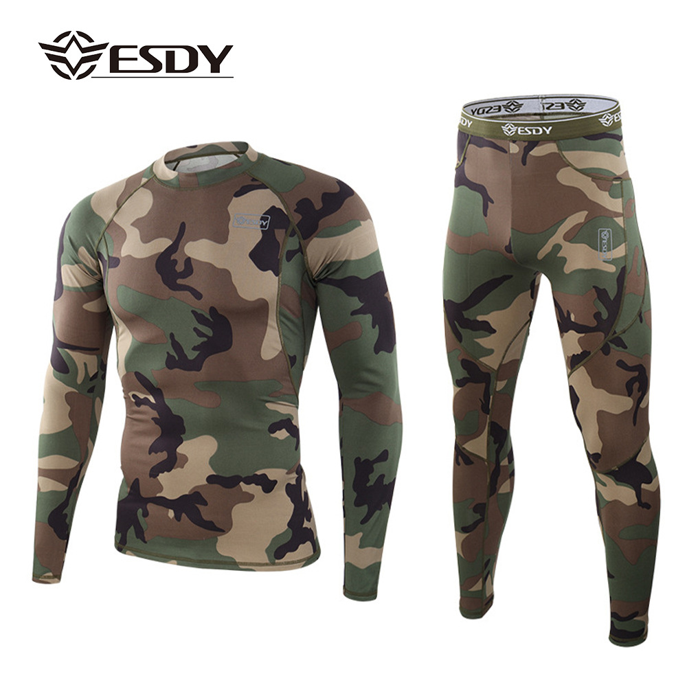 ESDY アウトドアスポーツ保温下着 タイトフィットフリースセット 伸縮性体操服 吸汗速乾 メンズ迷彩