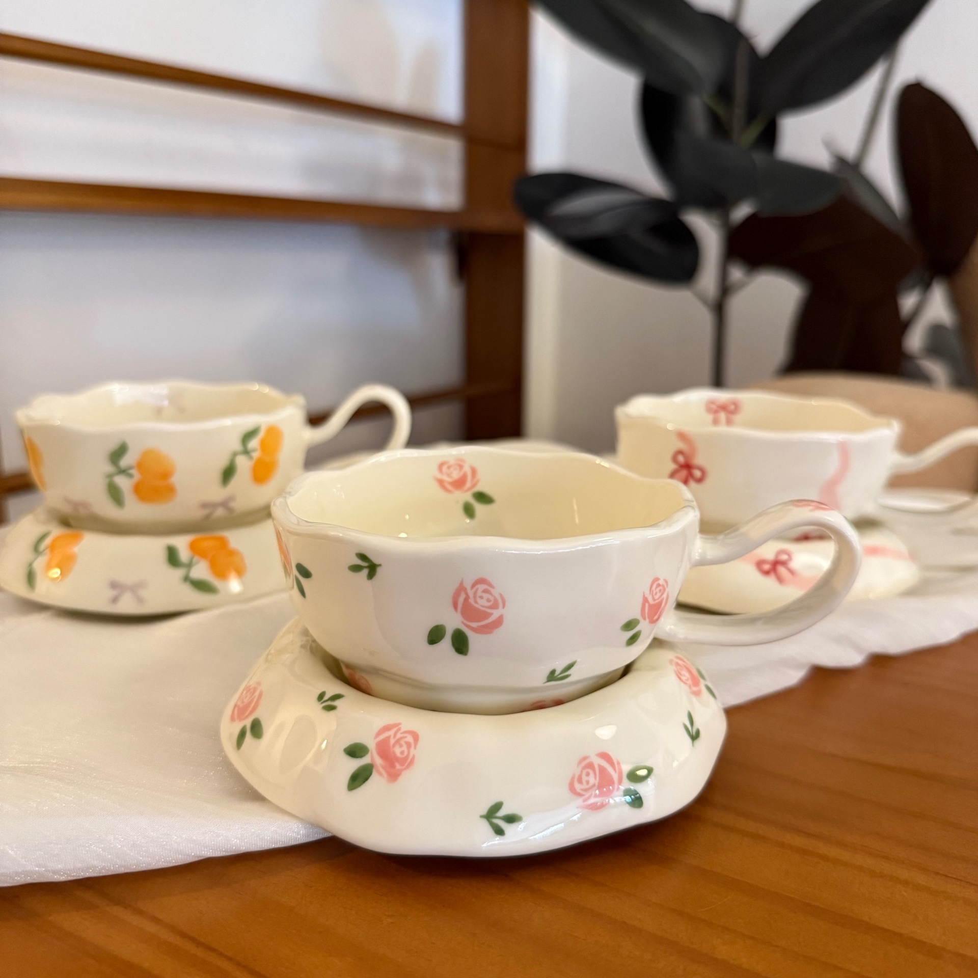 Juego de Taza y Plato de Café de Cerámica, Pintado a Mano, para Café