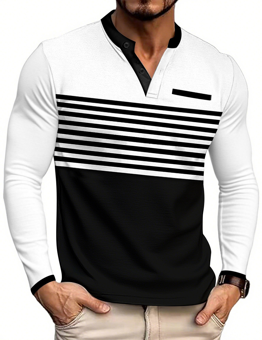 Camiseta de manga larga con cuello en V y rayas en contraste, estilo europeo y americano, novedad de verano, para hombre, corte ajustado, informal de negocios, para comercio transfronterizo europeo y americano.