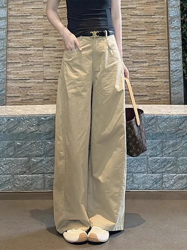美式复古卡其色休闲裤女夏季新款宽松显瘦高腰直筒阔腿拖地长裤子|undefined