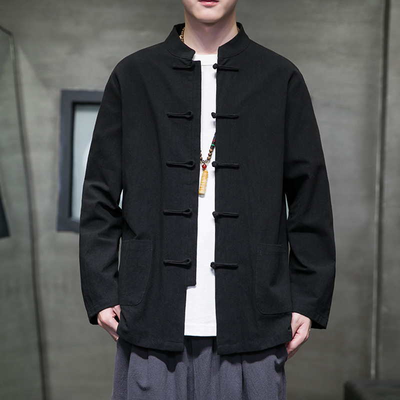 Chinese style men's cotton and linen long-sleeved shirt men's autumn improved Hanfu new Chinese Tang suit buckle top coat fashion
